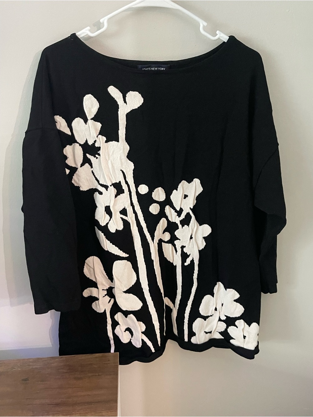 Jones New York Black Sweatshirt with Cream Floral Embroidery